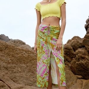 Zara Skirt Tropical Print Linen Blend Maxi Skirt Cover Up Women's Size L